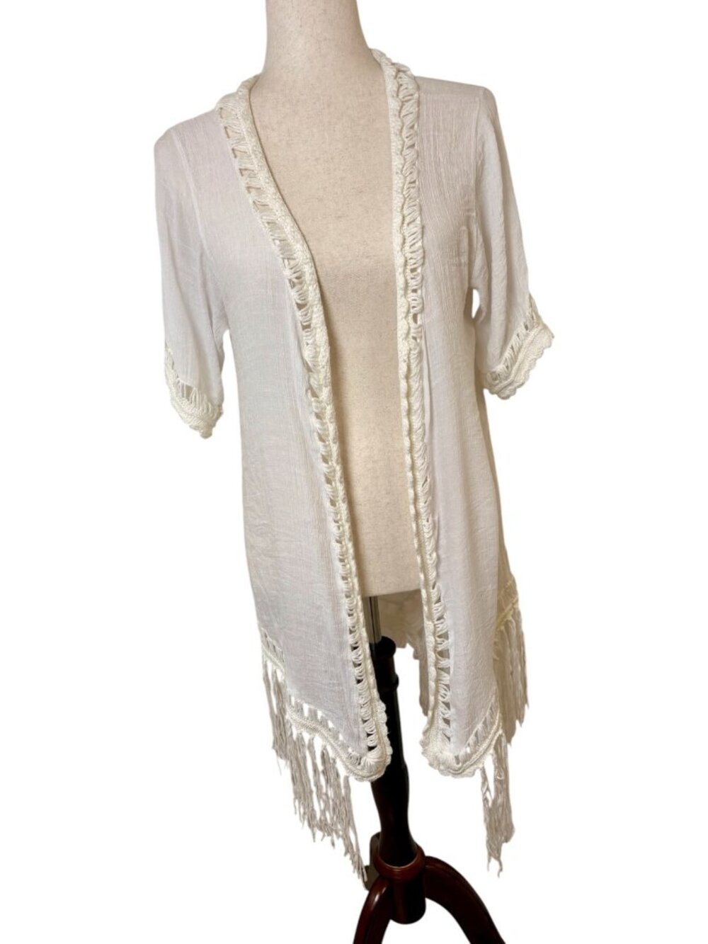 Vivid White Crochet Fringe Open Front Kimono Cardigan Festival Small